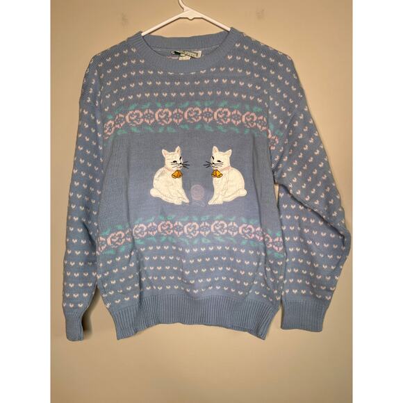 1980s Village Green Pastel Blue Kitty Cats Kawaii Kei Roses Hearts Sweater M - Picture 1 of 4